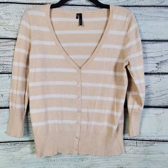 Maurices Beige & White Striped Button Front Cardigan Sweater Women’s Size L Ligh - Picture 1 of 6